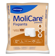 Front view of a 25-piece pack of Hartmann MoliCare Premium Fixpants in size Large (80-120 cm) with a short leg design, featuring a "re-usable for 50 washes" label.