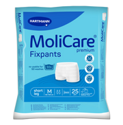 Front view of a 25-piece pack of Hartmann MoliCare Premium Fixpants in size Medium (60-100 cm) with a short leg design, indicating it is dermatologically tested and air active.
