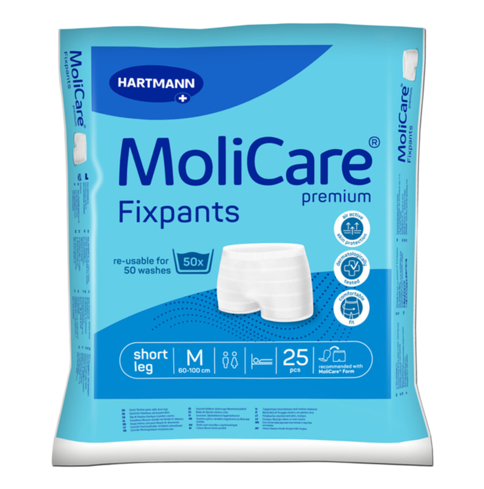 Front view of a 25-piece pack of Hartmann MoliCare Premium Fixpants in size Medium (60-100 cm) with a short leg design, indicating it is dermatologically tested and air active.