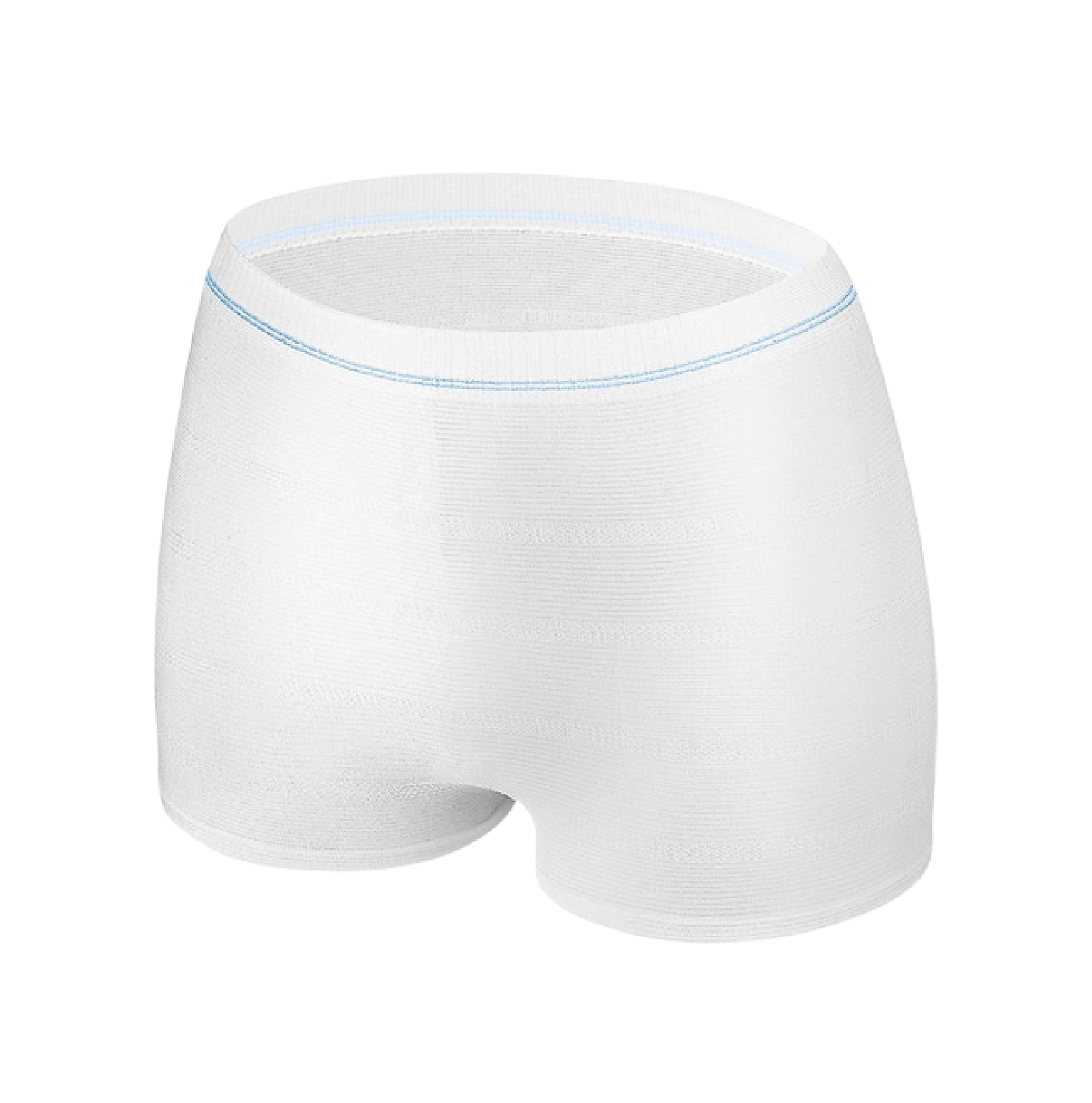 Studio shot of the white MoliCare Premium Fixpants with a short leg cut and blue elastic waistband stripes, showcasing the breathable mesh fabric.