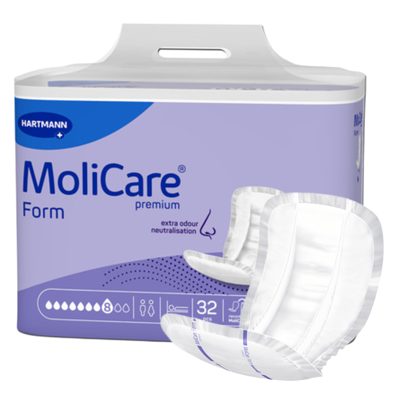 Packaging for MoliCare Premium Form +SIZE 8 Drops, specifically designed for bariatric care with extended width and length for use with 5XL fixation pants.