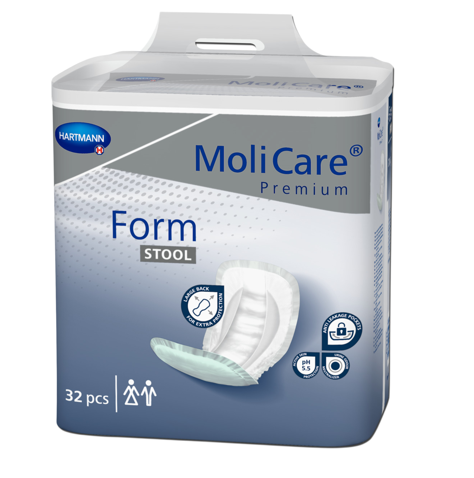 Retail packaging for a 32-count pack of MoliCare Premium Form STOOL pads, showing unisex icons and specialized features for skin protection at pH 5.5.