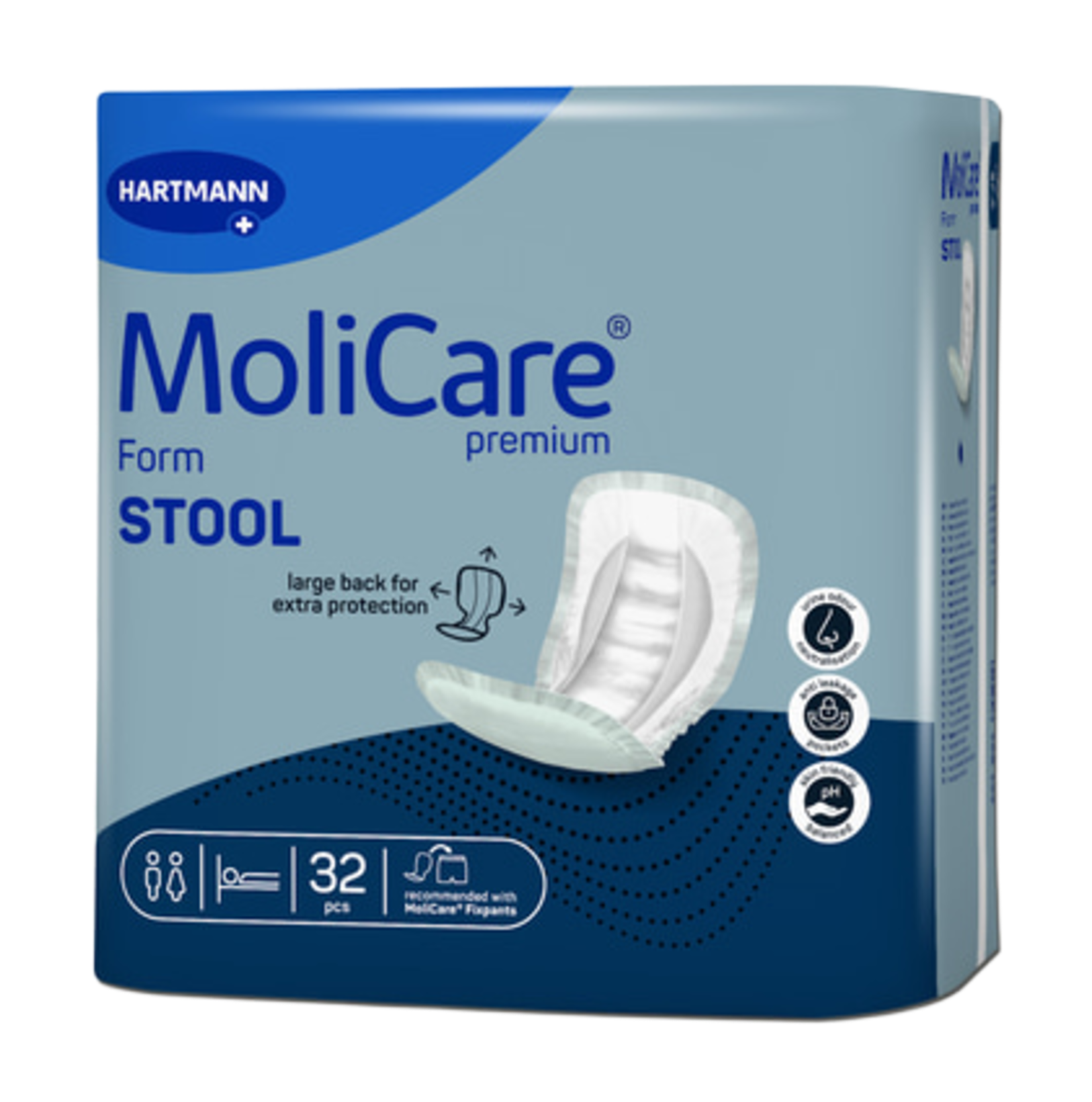 Front packaging of MoliCare Premium Form STOOL pads, highlighting the "large back for extra protection" feature and anti-leakage pockets designed for faecal incontinence.