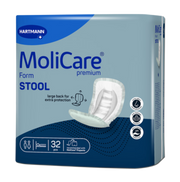 Front packaging of MoliCare Premium Form STOOL pads, highlighting the "large back for extra protection" feature and anti-leakage pockets designed for faecal incontinence.