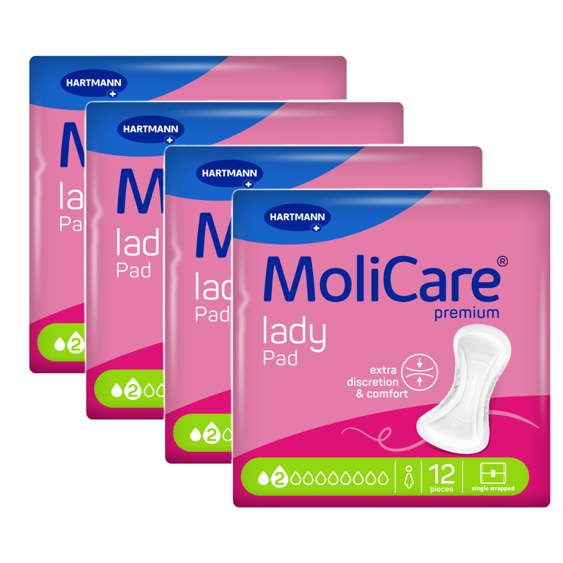 Four packs of MoliCare Premium lady Pad 2-drop absorbency pads, highlighting the single-wrapped feature and extra discretion.