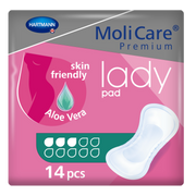 A 14-count pack of MoliCare Premium lady pad 3-drop absorbency, shown with two anatomically shaped pads in the foreground highlighting the slim, contoured design for women.