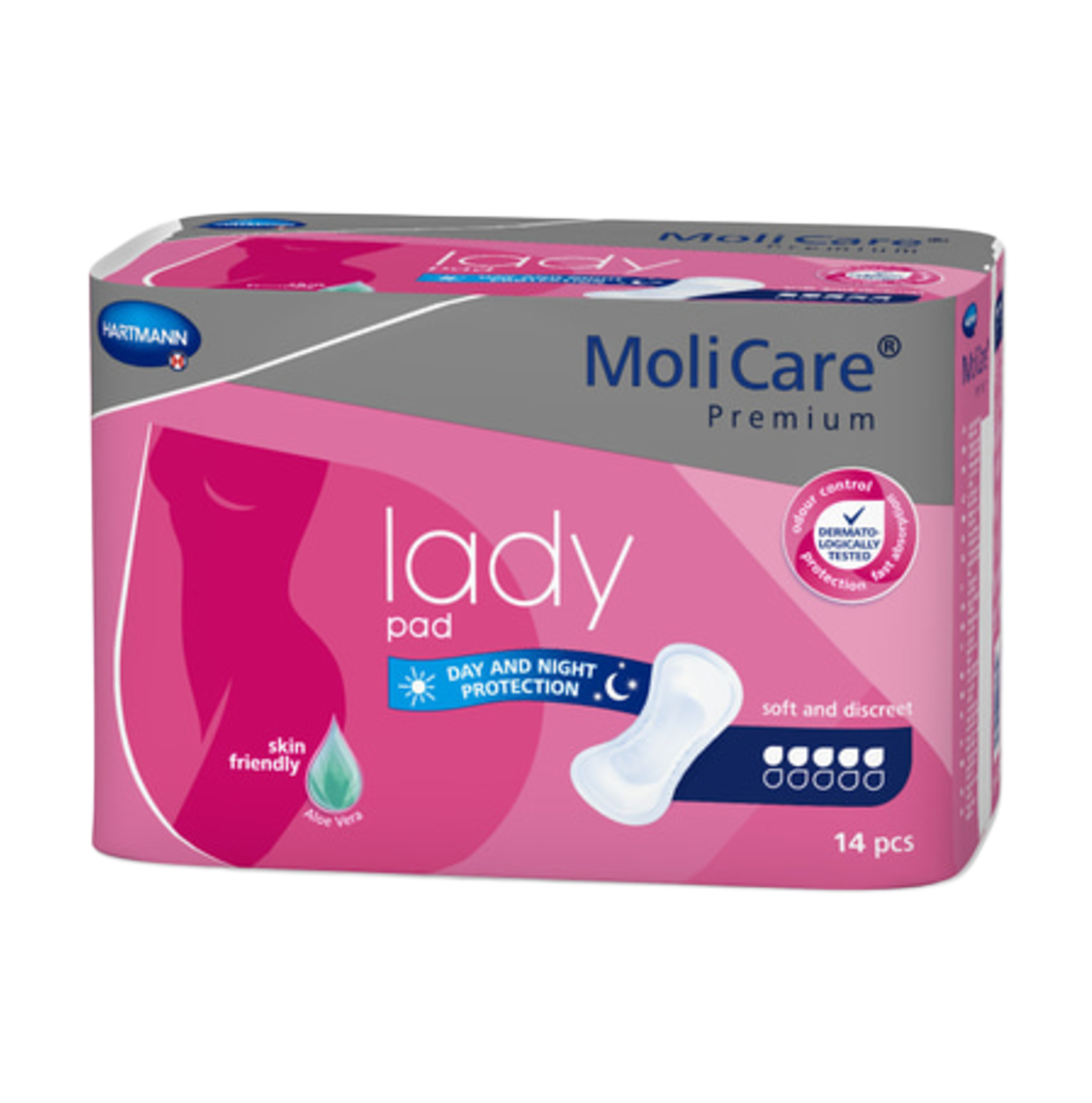 Retail packaging for Hartmann MoliCare Premium Lady Pad 5 Drops, showing the "FeelDry Advanced" technology and skin-balanced pH 5.5 features.