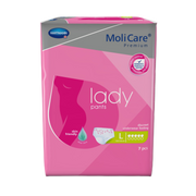 Front packaging of MoliCare Premium Lady Pants in size Large, featuring a pink design and 5-drop absorbency rating for 7 pieces.