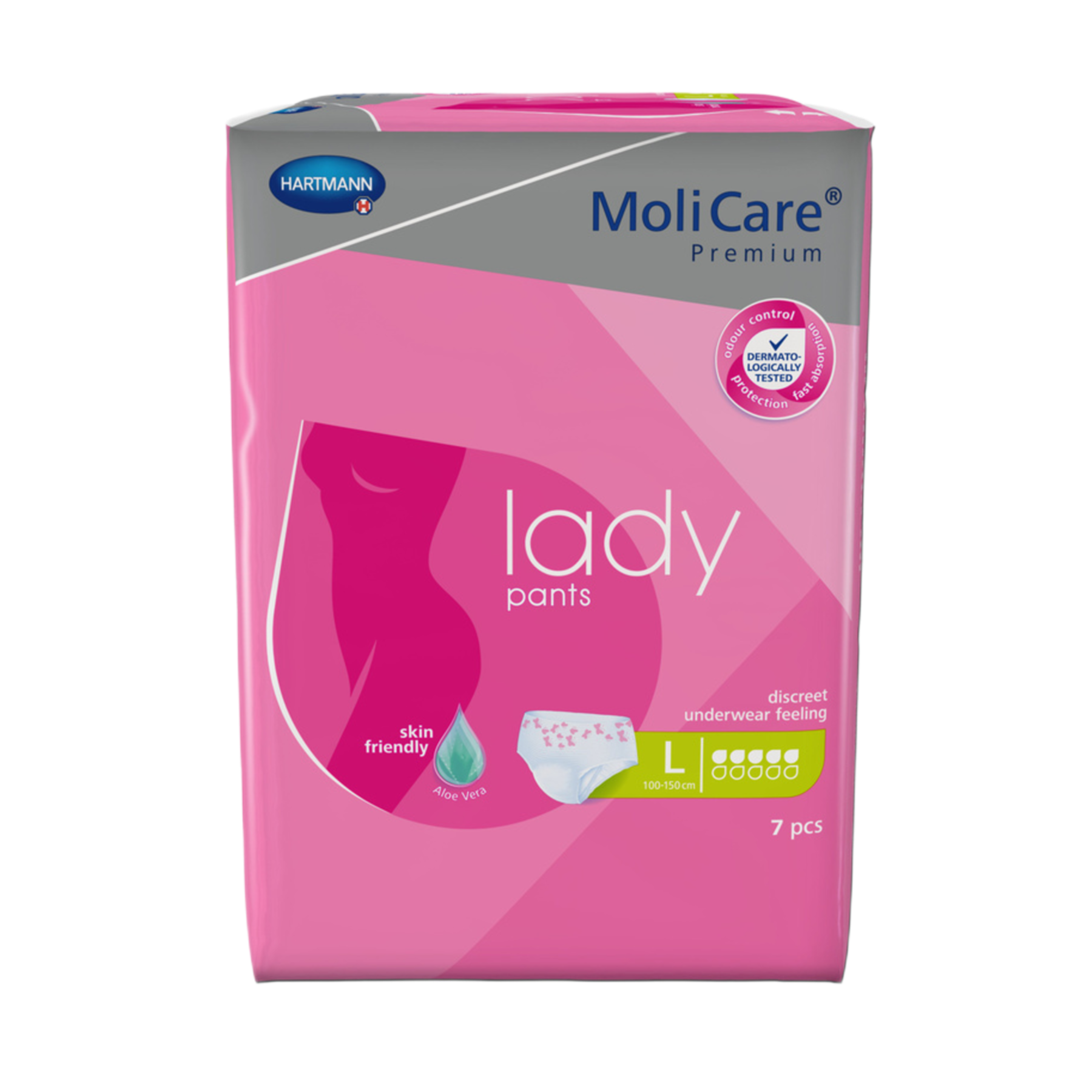 Front packaging of MoliCare Premium Lady Pants in size Large, featuring a pink design and 5-drop absorbency rating for 7 pieces.
