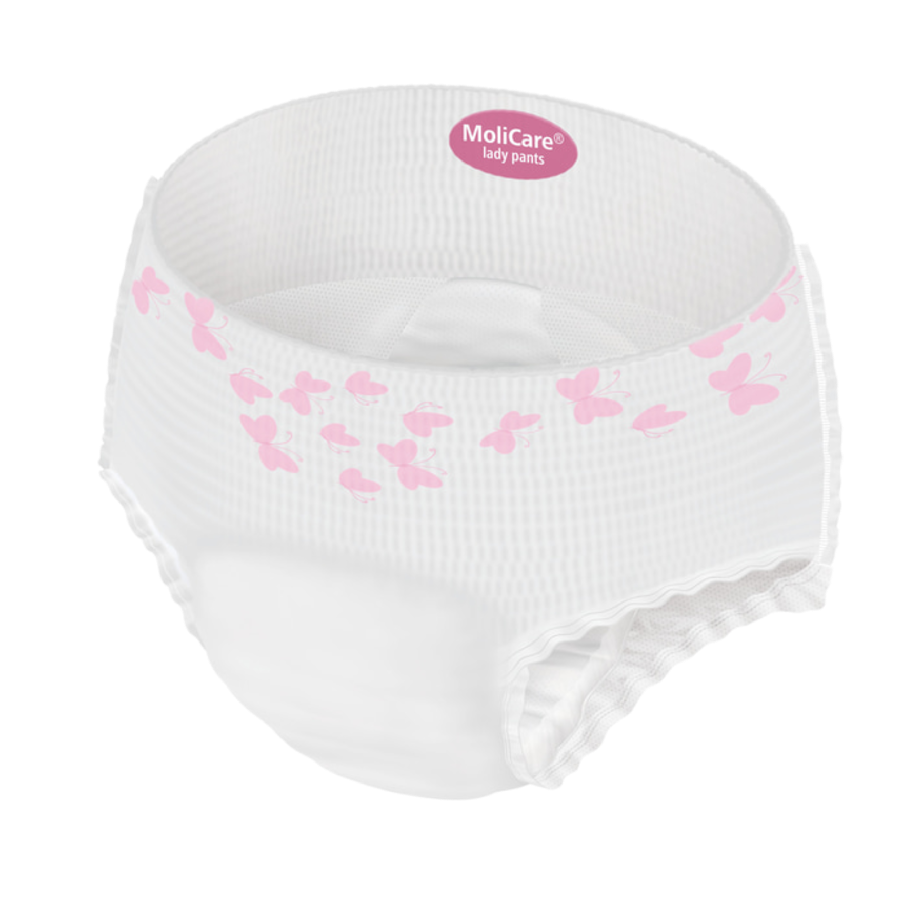 Close-up view of a single MoliCare Lady Pant showing the white fabric, butterfly print pattern, and elastic waistband.