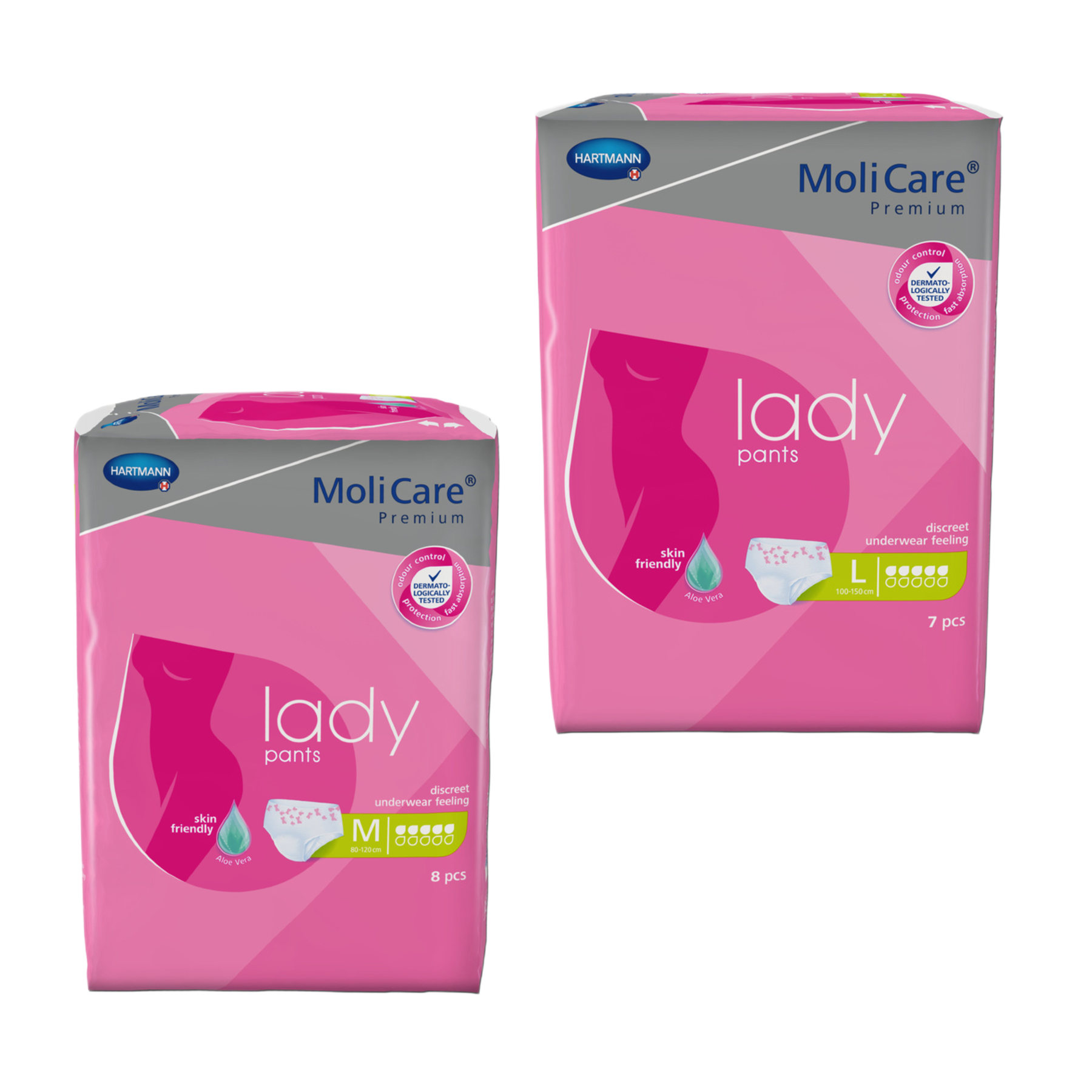 Comparison shot showing both Medium (8 pack) and Large (7 pack) retail packaging of MoliCare Premium Lady Pants side-by-side.