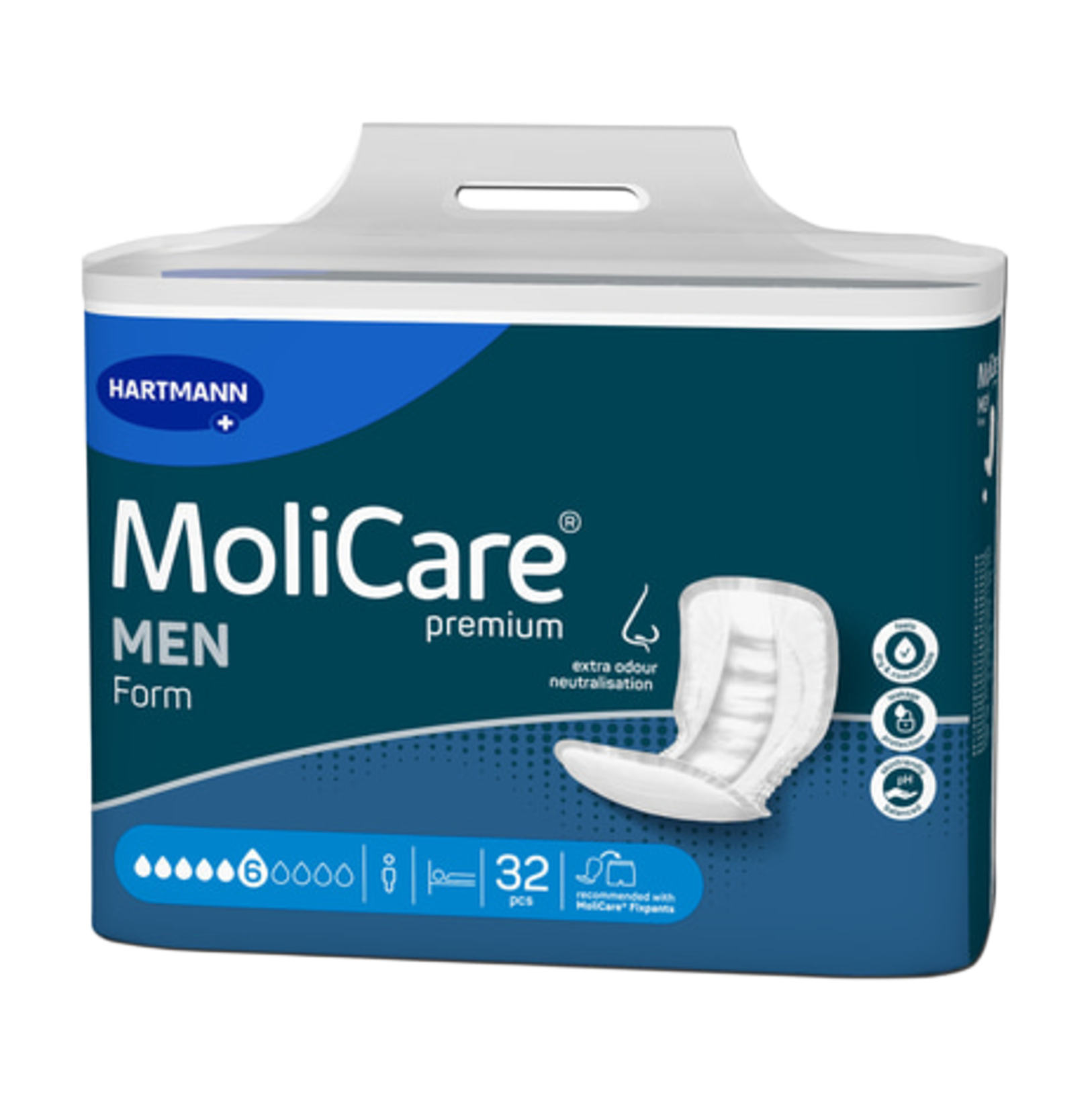 Front view of MoliCare Premium MEN Form packaging featuring 6-drop absorbency, a 32-piece count, and icons for odour neutralisation and skin health.