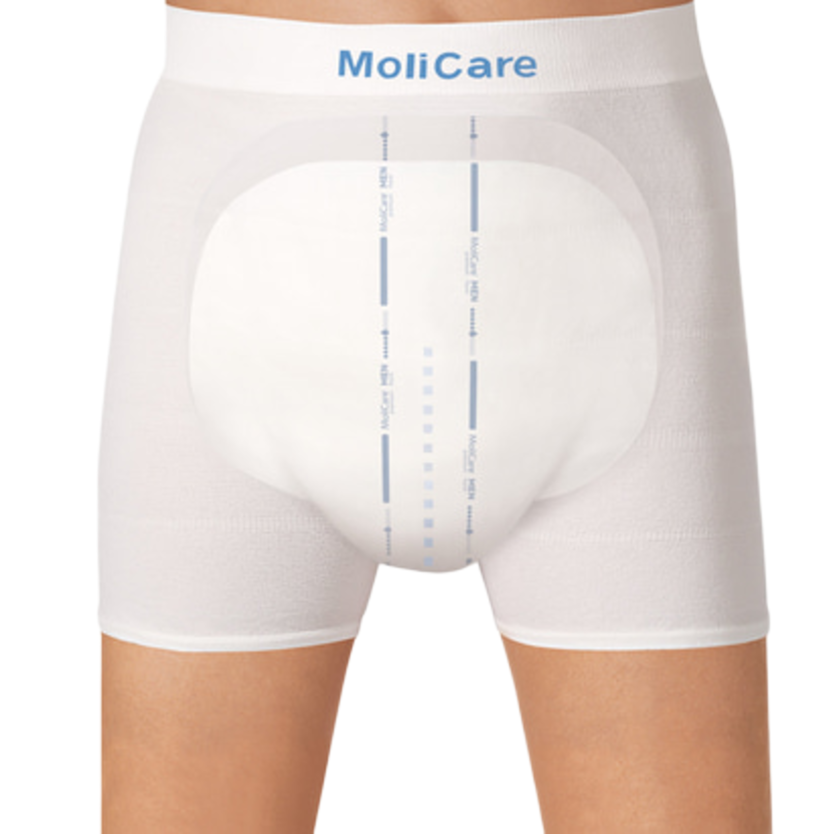 A close-up view of a MoliCare MEN Form incontinence pad worn securely inside white MoliCare Fixpants, showing the anatomical fit designed for the male anatomy.
