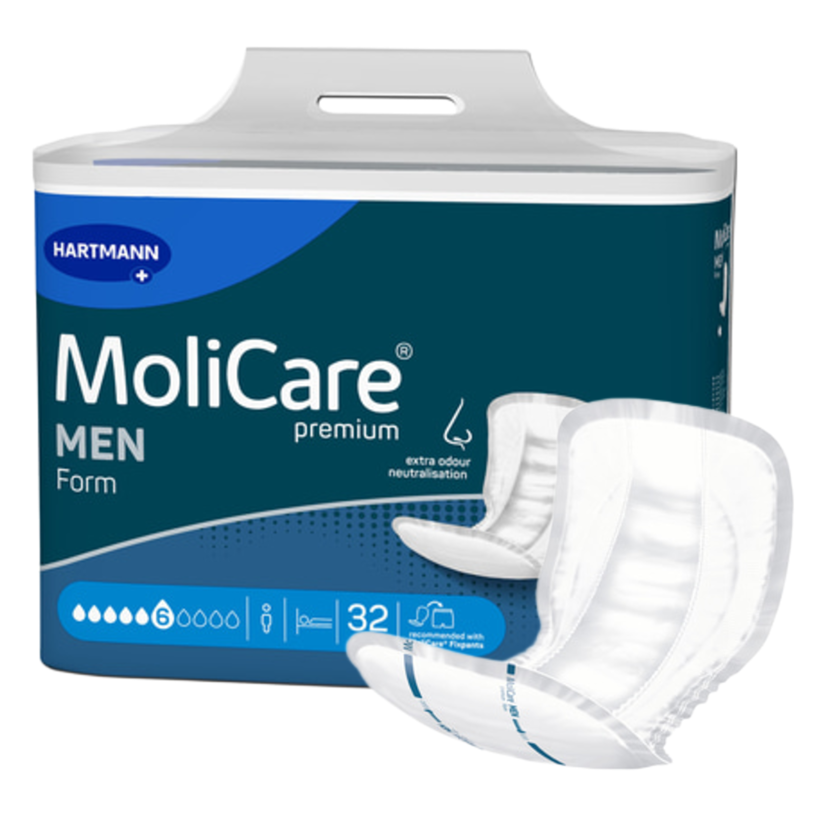 A 32-pack of MoliCare Premium MEN Form 6-drop pads displayed with two contoured, V-shaped incontinence pads in the foreground to show the product's design.