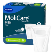 Packaging for MoliCare Premium Men Pads with a 2-drop absorbency rating, showing two white v-shaped pads for extra protection and comfort.