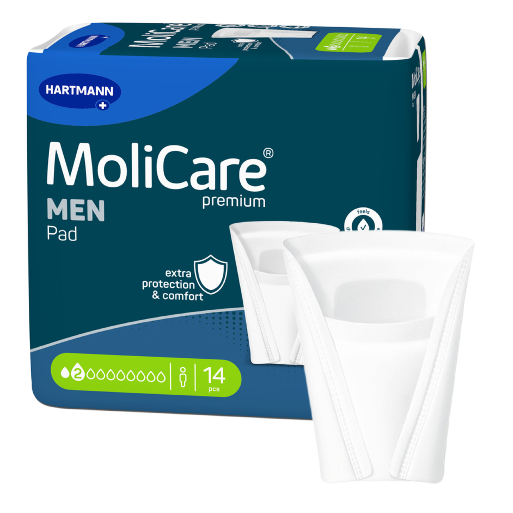 Packaging for MoliCare Premium Men Pads with a 2-drop absorbency rating, showing two white v-shaped pads for extra protection and comfort.