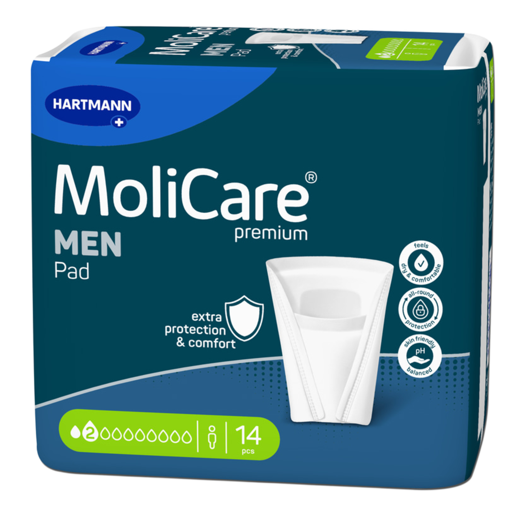 A pack of 14 MoliCare Premium Men Pads featuring a 2-drop absorbency scale, highlighting skin-friendly pH balanced protection and a dry, comfortable feel.