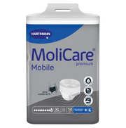 Front of the MoliCare Premium Mobile 10 Drops Extra Large 14-pack showing the HARTMANN logo, 10-drop absorbency rating, and skin-friendly pH features