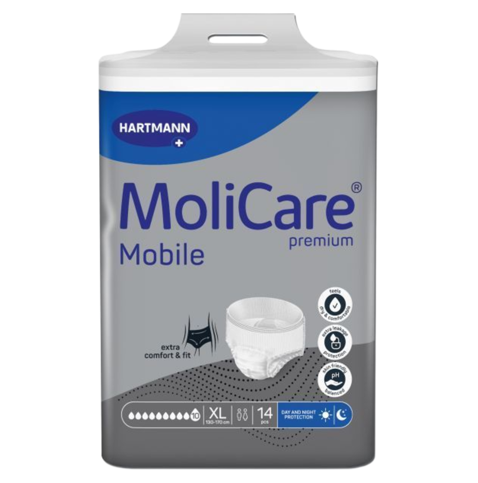 Front of the MoliCare Premium Mobile 10 Drops Extra Large 14-pack showing the HARTMANN logo, 10-drop absorbency rating, and skin-friendly pH features