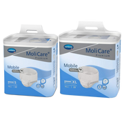 Two packs of MoliCare Premium Mobile pull-up underwear in sizes Small and Extra Large, featuring a 6-drop absorbency rating.