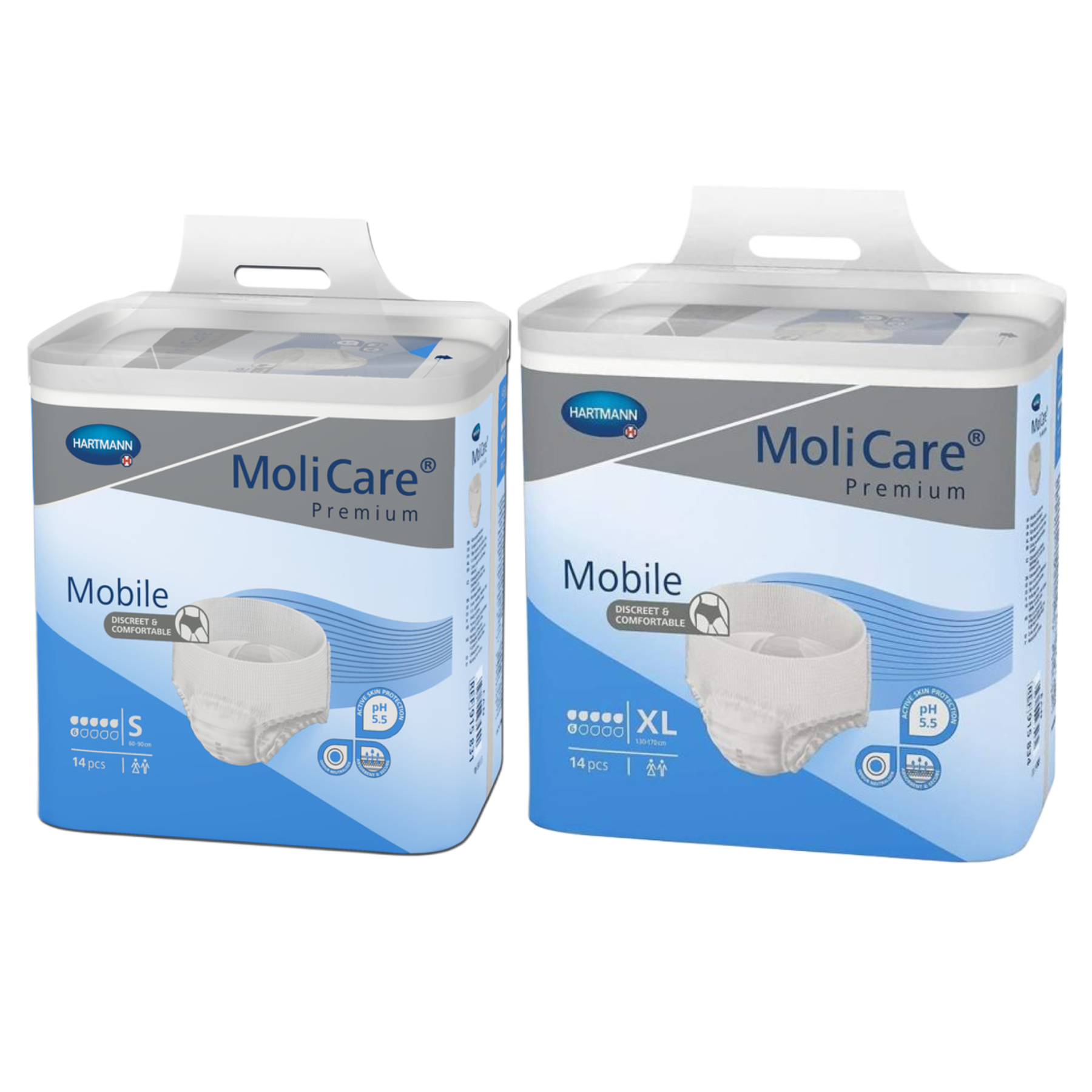 Two packs of MoliCare Premium Mobile pull-up underwear in sizes Small and Extra Large, featuring a 6-drop absorbency rating.