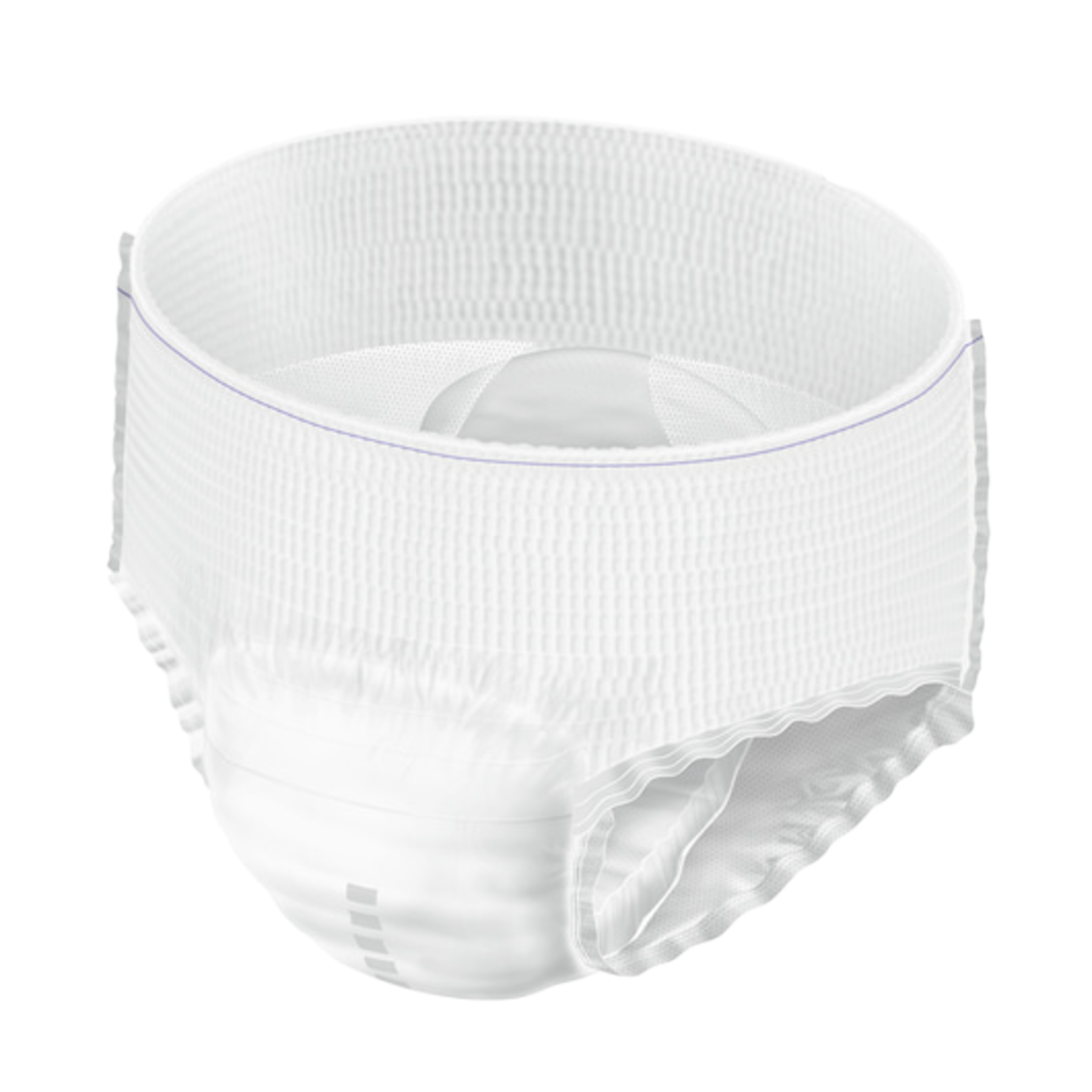 A close-up, high-angle view of a white MoliCare Premium Mobile adult pull-up diaper, showcasing the elasticated waistband and contoured absorbent core.