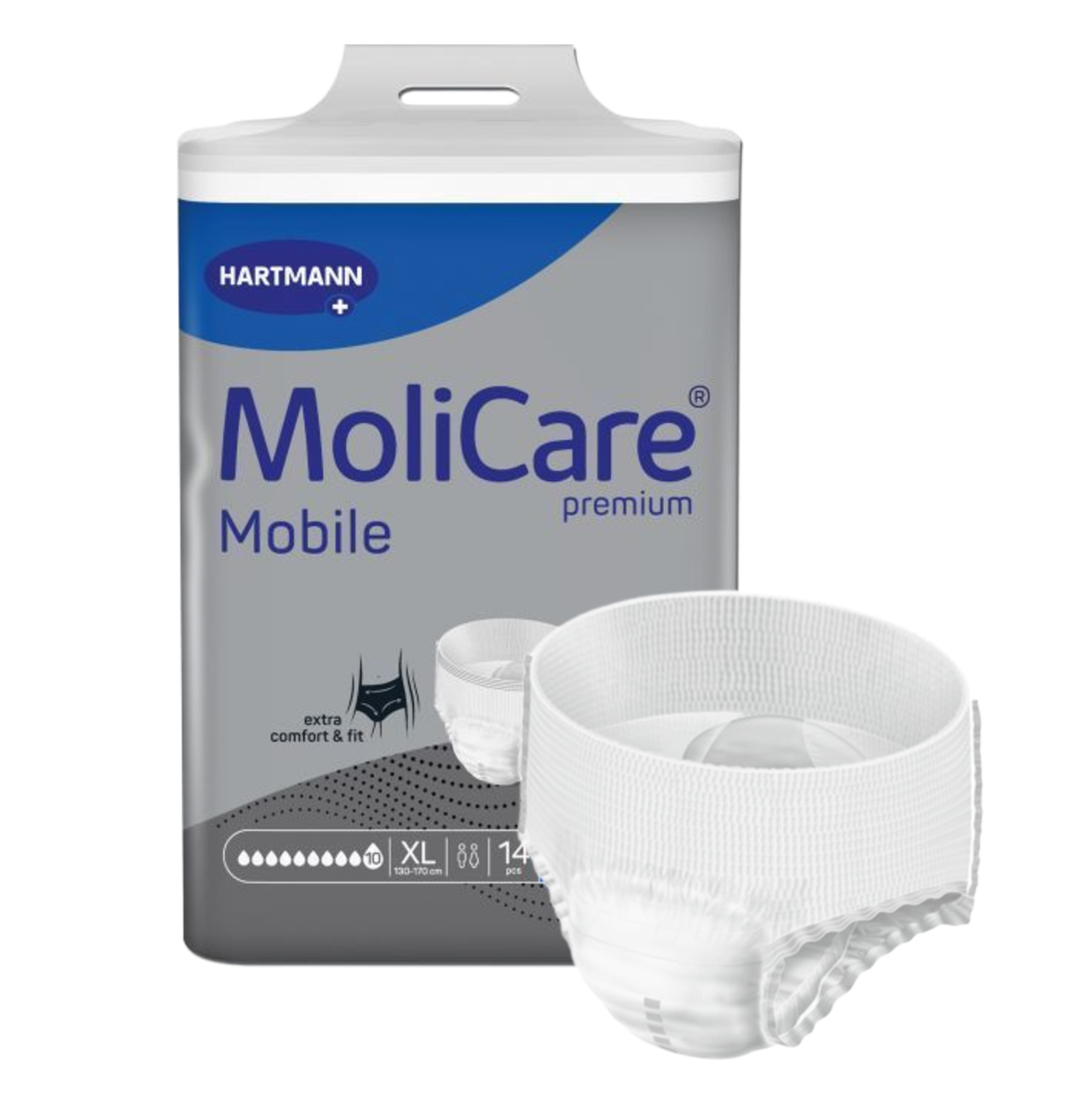 A MoliCare Premium Mobile 10 Drops Extra Large pull-up brief positioned in front of its grey and blue 14-count retail packaging.