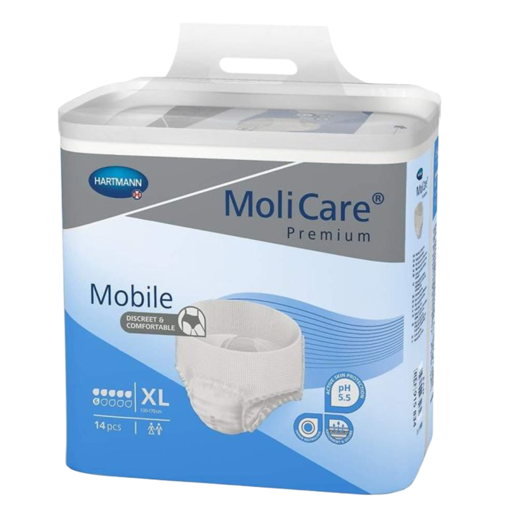 MoliCare Premium Mobile size XL packaging for 14 pieces, featuring active skin protection at pH 5.5.