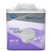 Front view of the MoliCare Premium Mobile size Extra-Large (XL) packaging, highlighting its 8-drop absorbency, pH 5.5 skin protection, and 14-piece count.