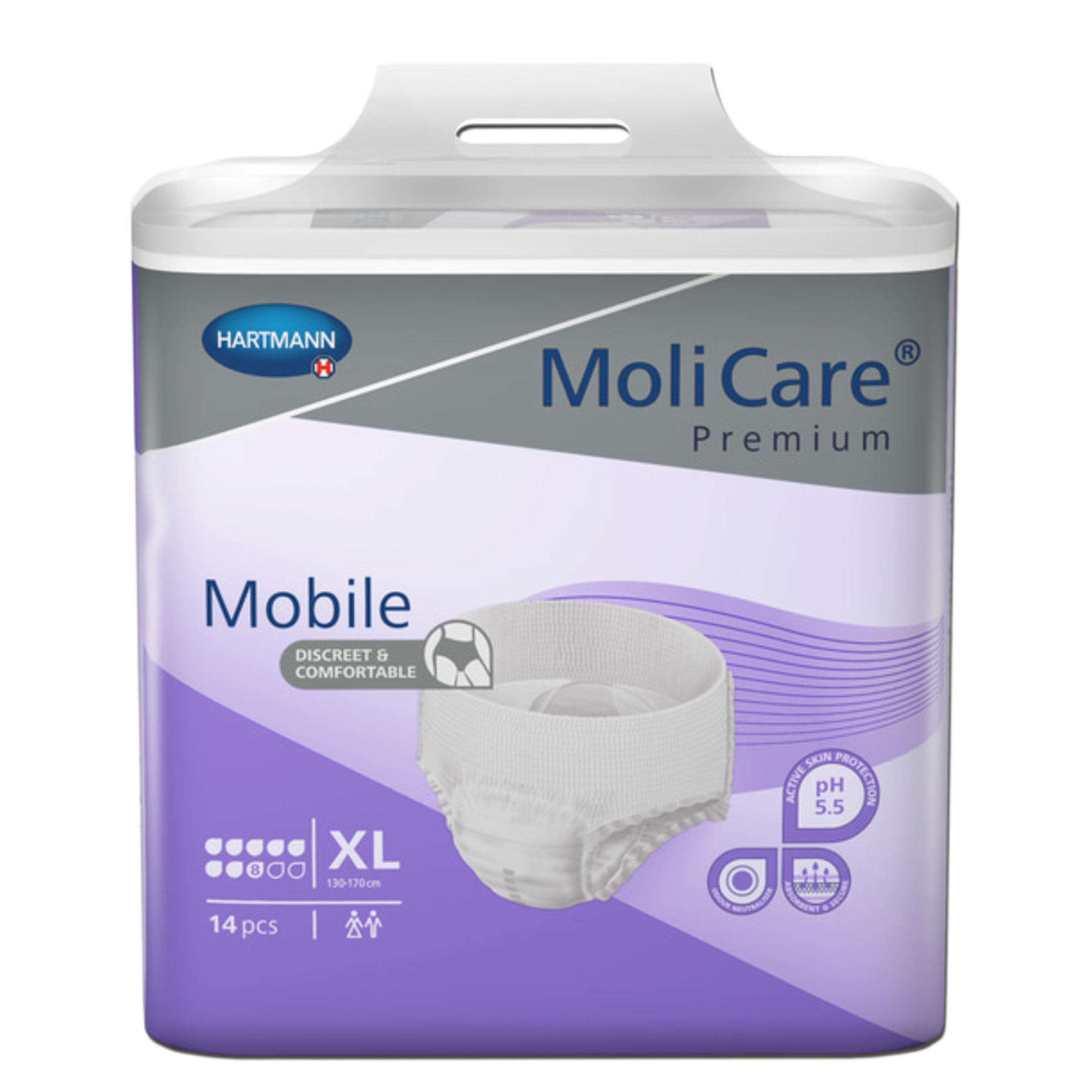 Front view of the MoliCare Premium Mobile size Extra-Large (XL) packaging, highlighting its 8-drop absorbency, pH 5.5 skin protection, and 14-piece count.
