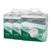 Three packs of MoliCare Premium Mobile incontinence pants shown together in sizes Small, Medium, and Extra Large.