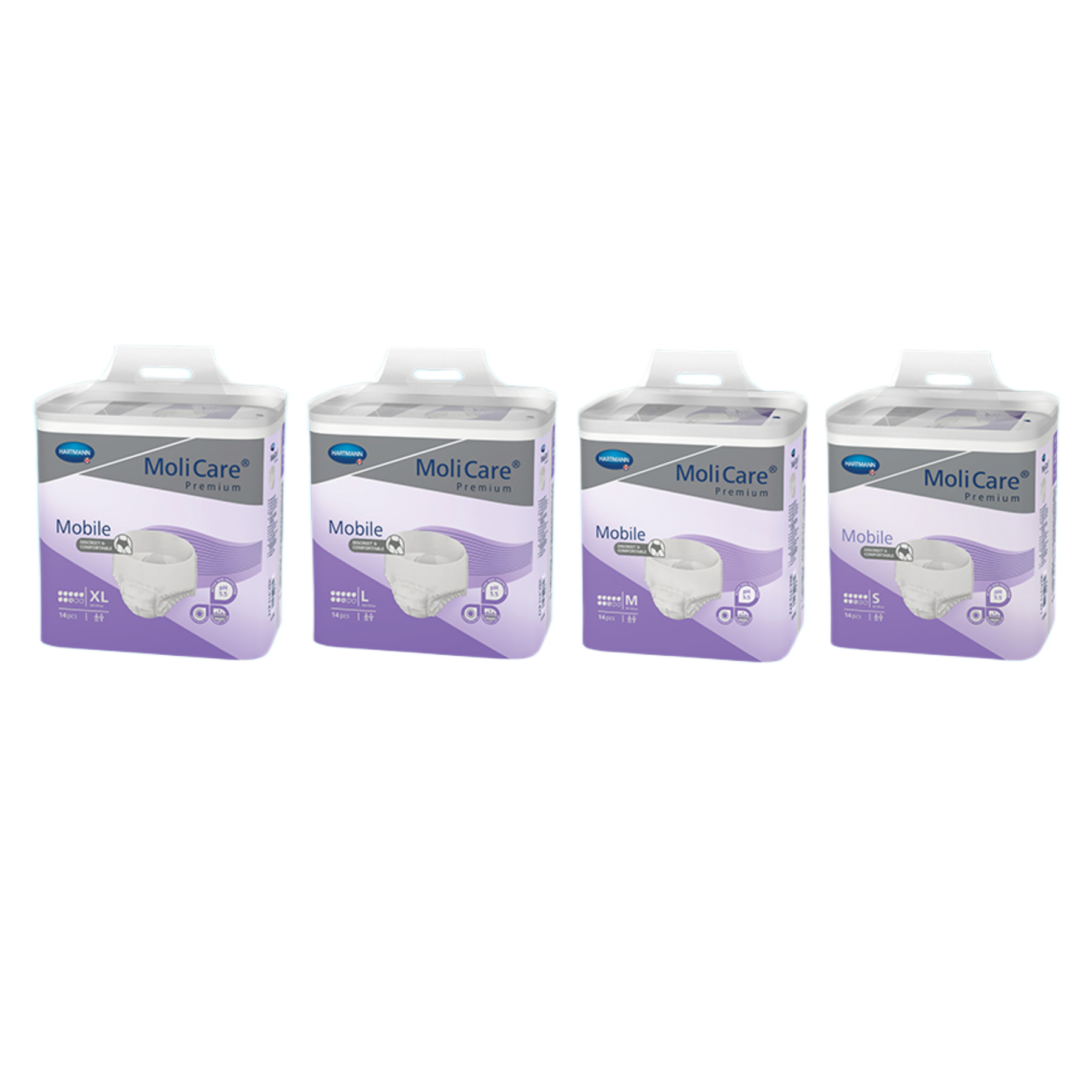 A lineup of four MoliCare Premium Mobile purple packaging packs in sizes Small, Medium, Large, and Extra-Large.