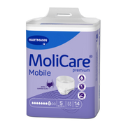 Front view of a MoliCare Premium Mobile Size Small (S) package, indicating an 8-drop absorbency rating and a 14-count pack for heavy incontinence.