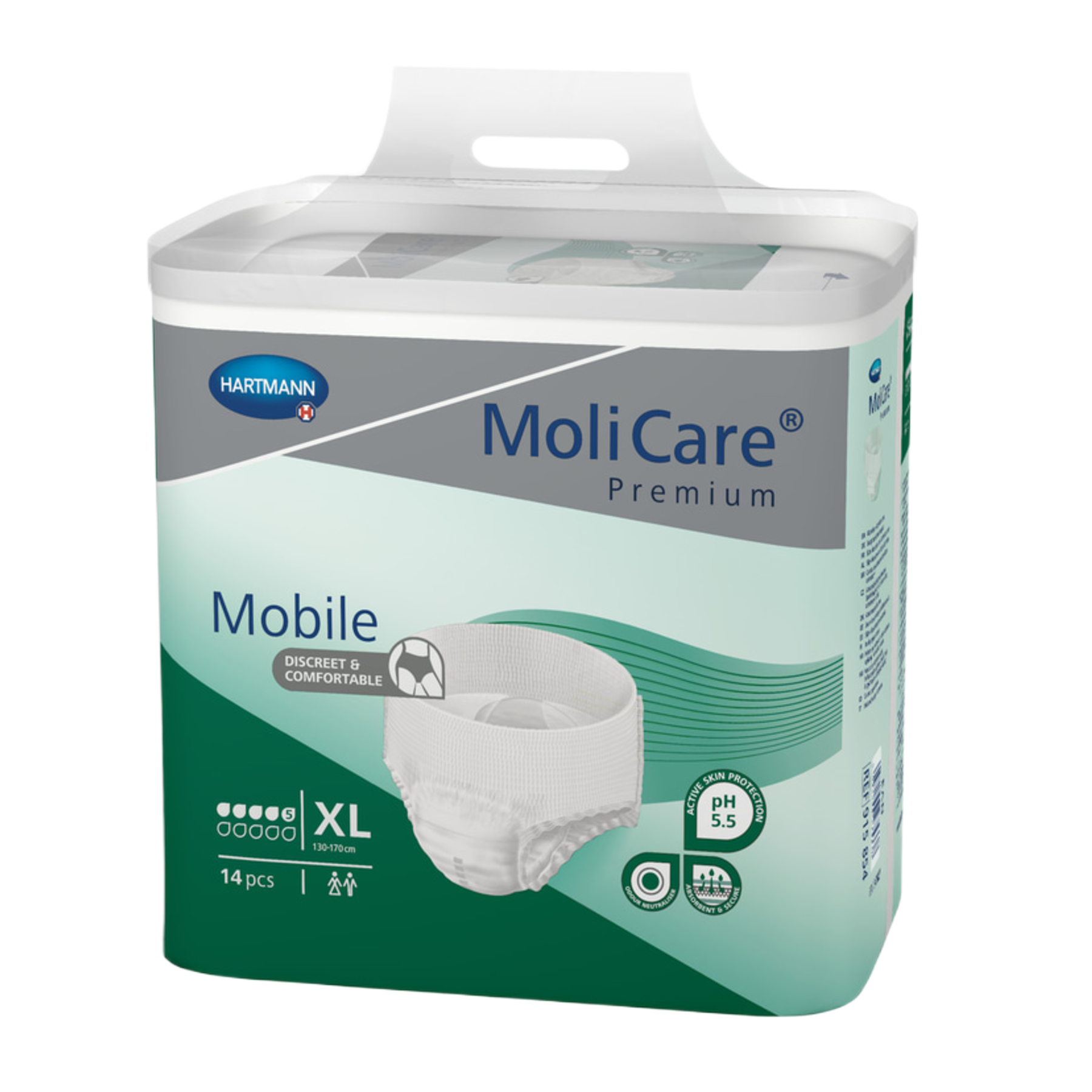 Packaging for MoliCare Premium Mobile size Extra Large (XL), containing 14 pieces with active skin protection pH 5.5.