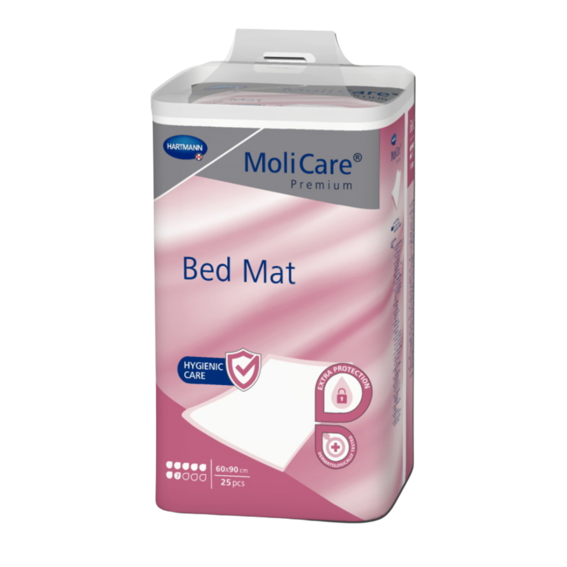 Front view of MoliCare Premium Bed Mat packaging, 60x90 cm, 25 pieces, highlighting hygienic care and extra protection features.