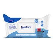 Front view of a white and blue pack of MoliCare Skin Moist Skin Care Tissues featuring a plastic lid and chamomile extract icon.