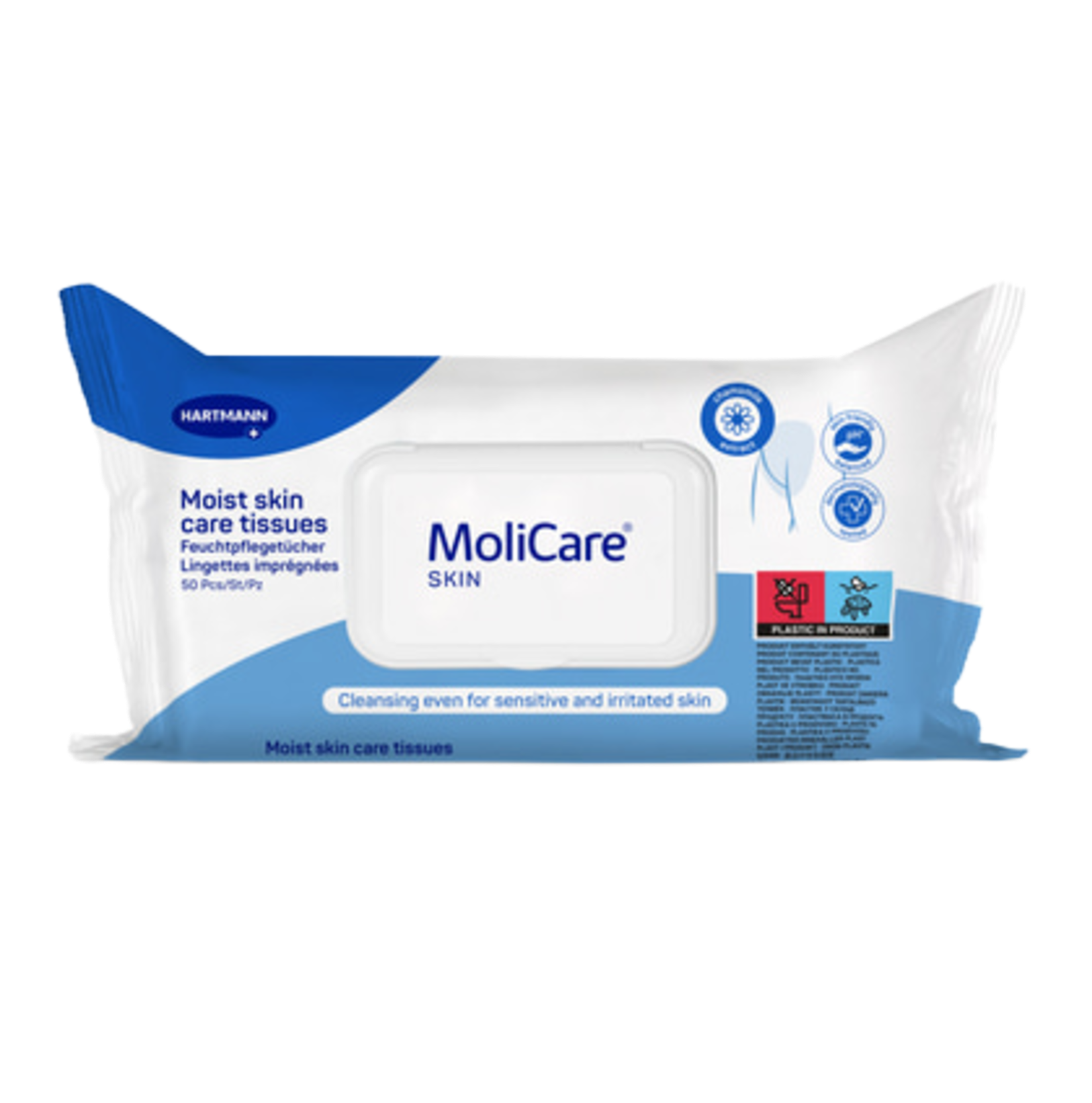Front view of a white and blue pack of MoliCare Skin Moist Skin Care Tissues featuring a plastic lid and chamomile extract icon.