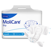 Packaging of Hartmann MoliCare Slip Extra Small (XS) incontinence briefs with 6-drop absorbency, 30 pieces per pack, shown with an open product overlay.