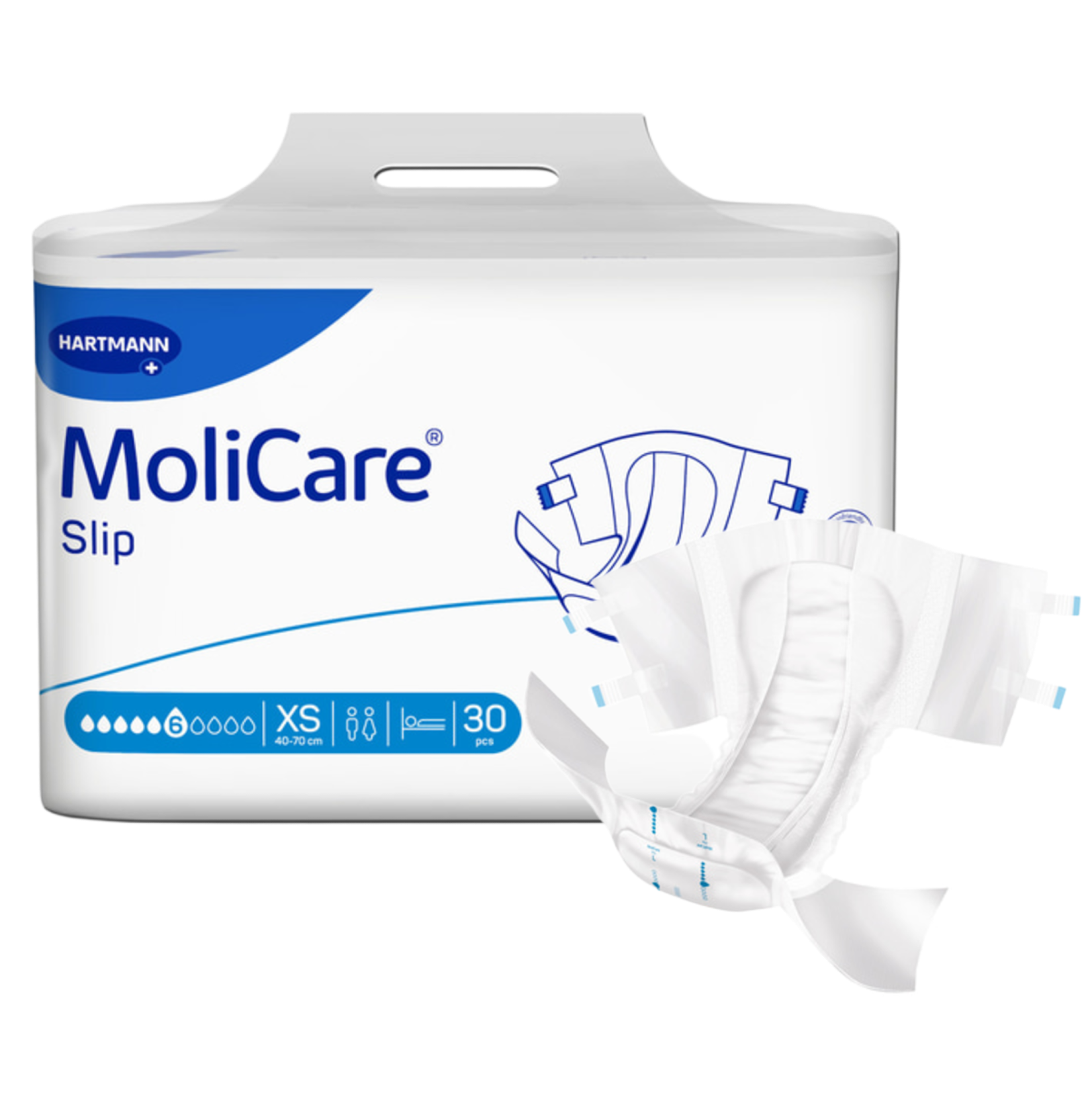 Packaging of Hartmann MoliCare Slip Extra Small (XS) incontinence briefs with 6-drop absorbency, 30 pieces per pack, shown with an open product overlay.