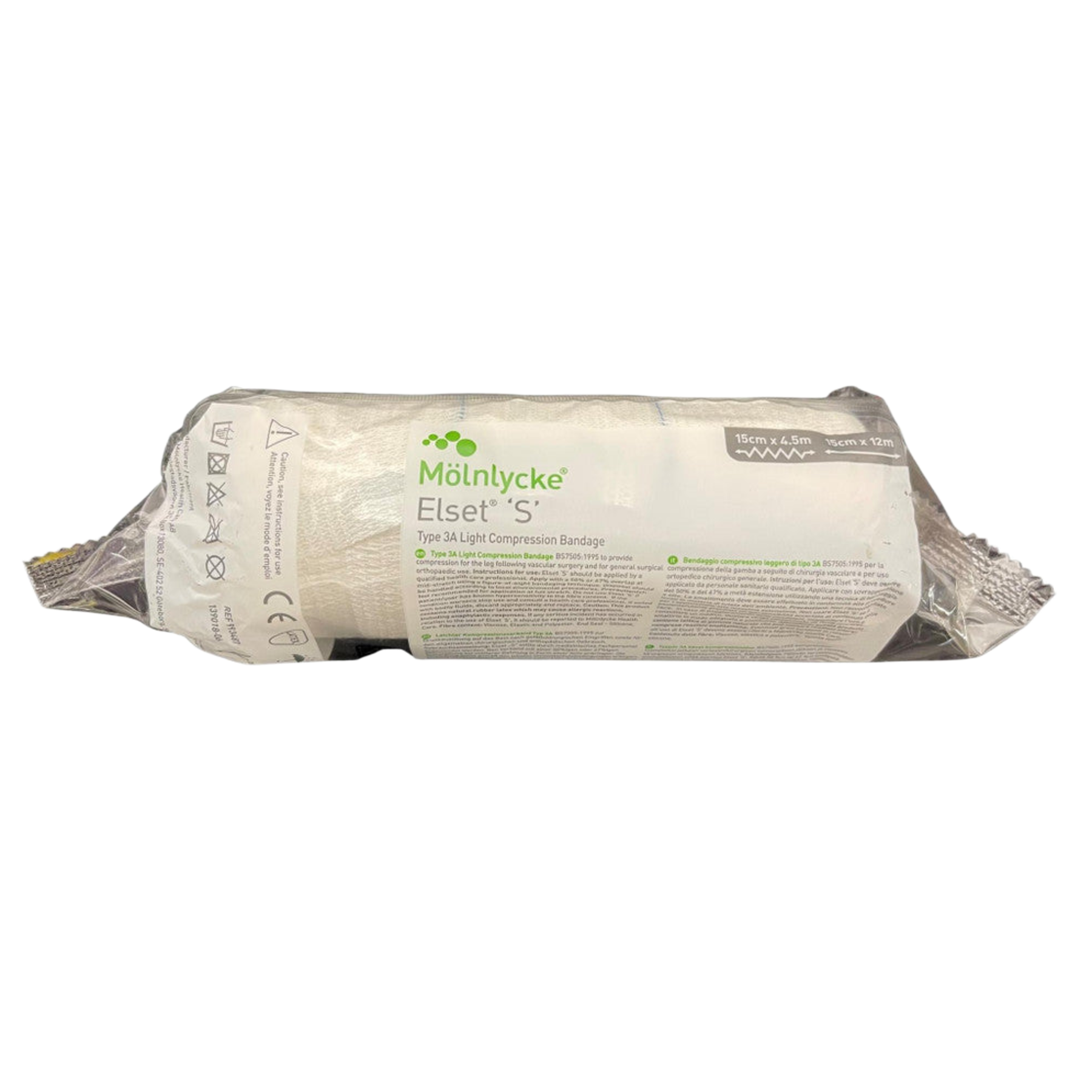 Packaging for a Mölnlycke Elset ‘S’ Type 3A Light Compression Bandage, size 15cm x 4.5m, in a clear plastic wrap.