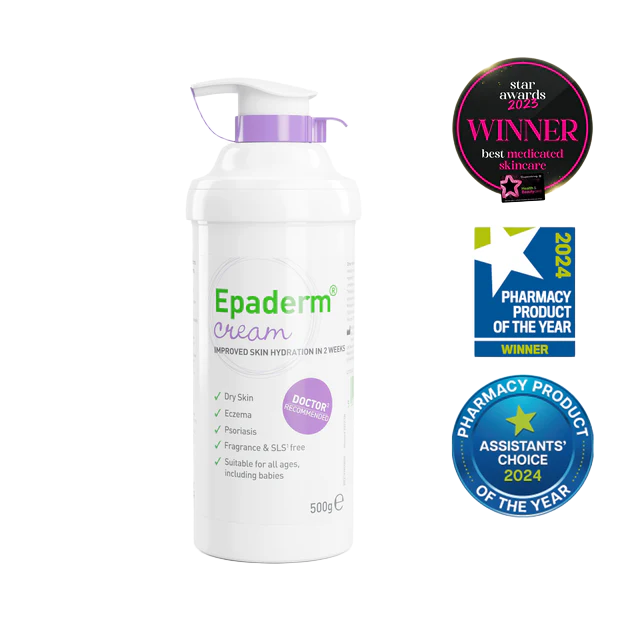 500g pump dispenser of Epaderm Cream, a 2-in-1 emollient and skin cleanser for the management of eczema, psoriasis, and dry skin conditions.