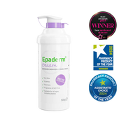500g pump dispenser of Epaderm Cream, a 2-in-1 emollient and skin cleanser for the management of eczema, psoriasis, and dry skin conditions.