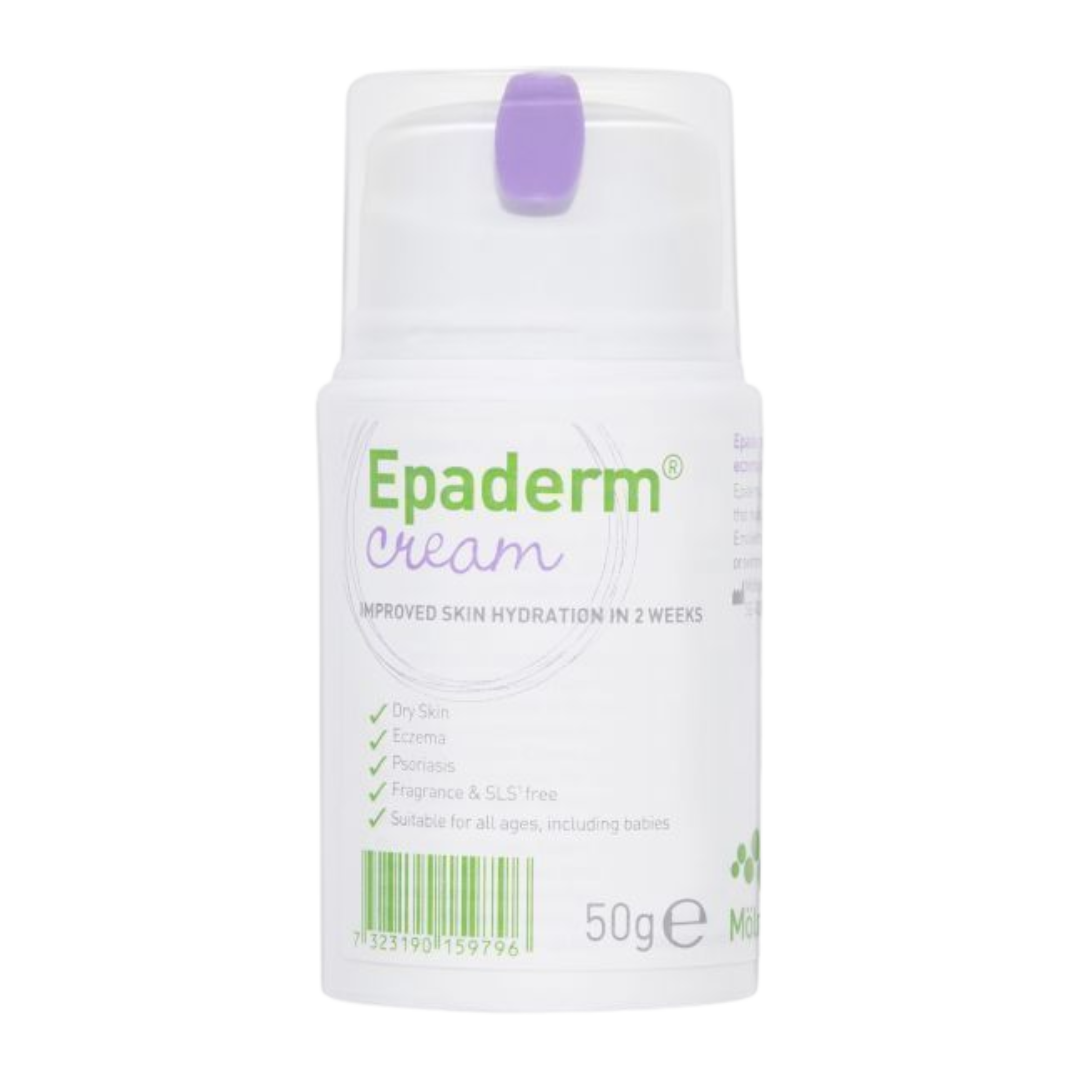 Epaderm Cream 50g bottle showing features: improved hydration, for dry skin, eczema, and psoriasis.