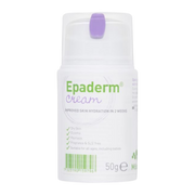 Epaderm Cream 50g bottle showing features: improved hydration, for dry skin, eczema, and psoriasis.