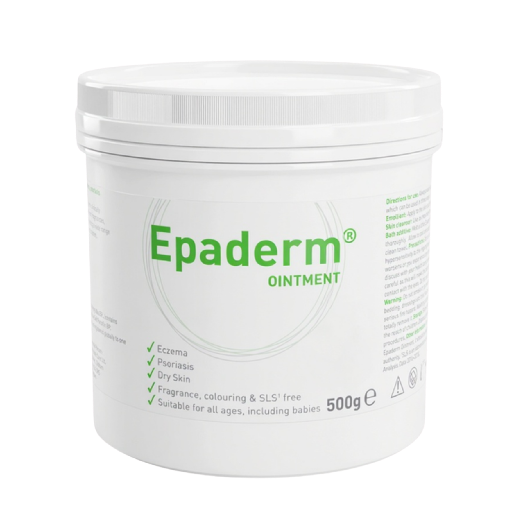 Mölnlycke Epaderm Ointment 500g tub; a 3-in-1 emollient, skin cleanser, and bath additive for eczema, psoriasis, and intense dry skin hydration.