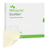 Front of a Mölnlycke Exufiber gelling fibre dressing box featuring white and green branding with a high-absorbency icon.