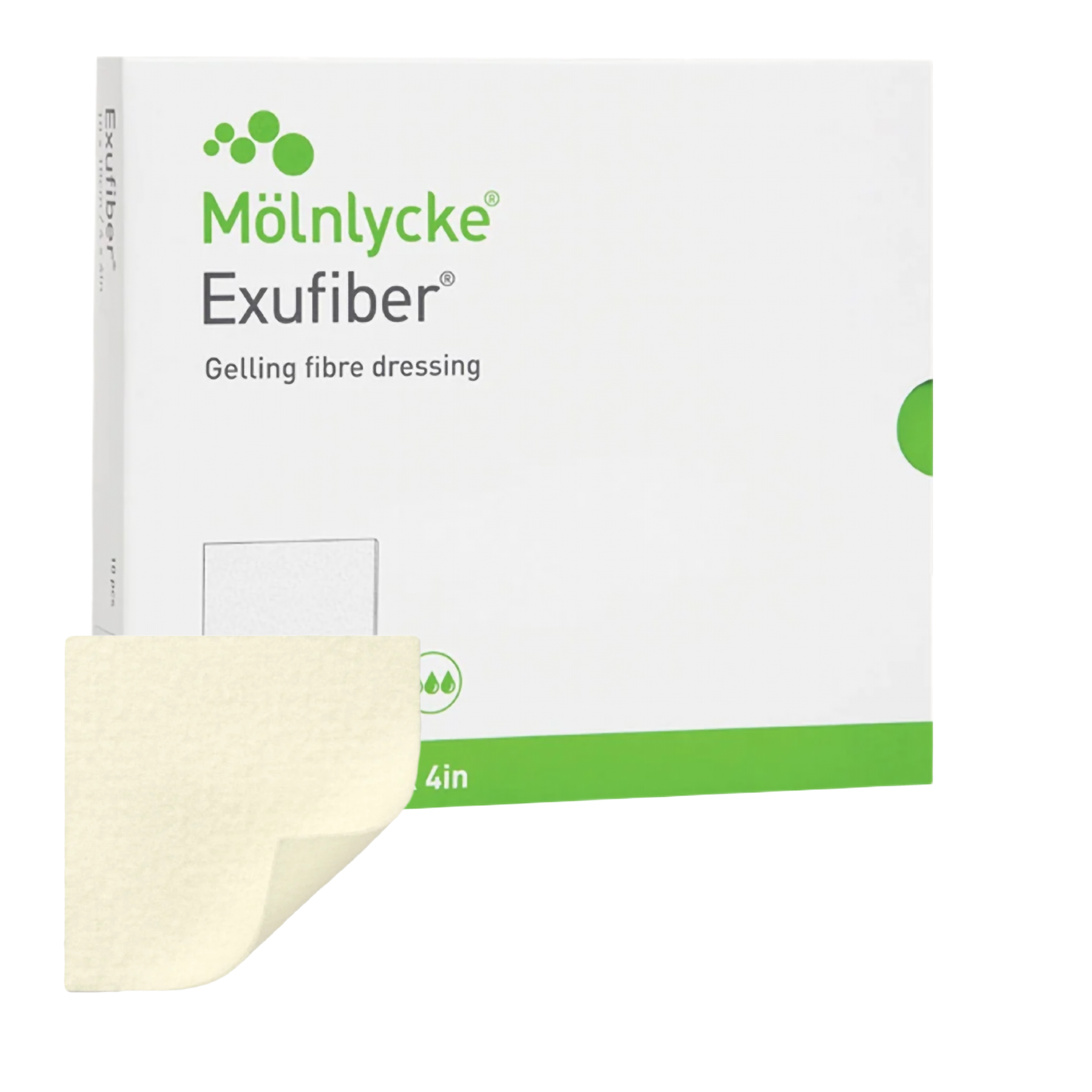 Front of a Mölnlycke Exufiber gelling fibre dressing box featuring white and green branding with a high-absorbency icon.