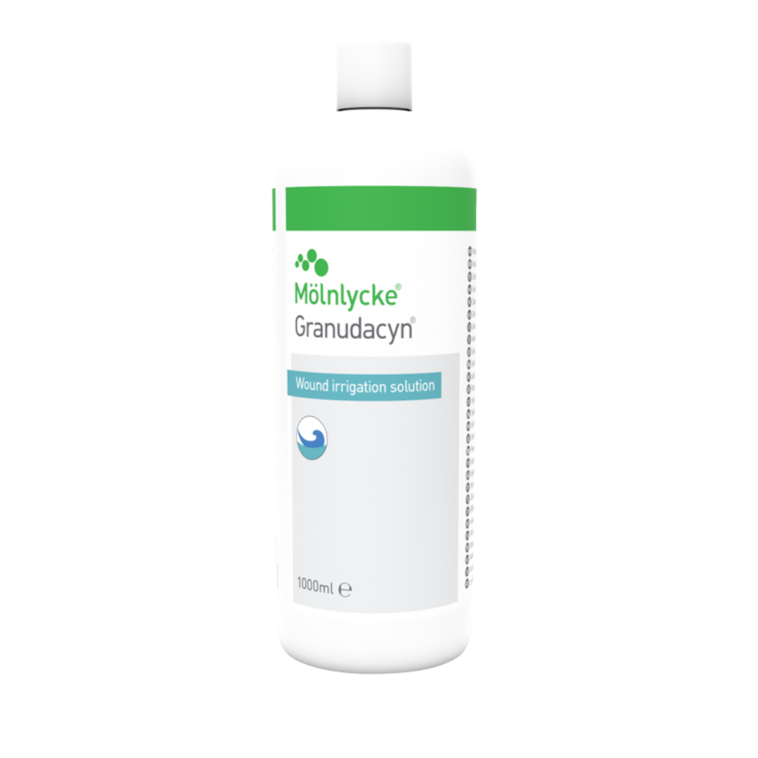 Close-up shot of a white 1000ml bottle of Mölnycke Granudacyn Wound Irrigation Solution with a green label.