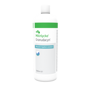 Close-up shot of a white 1000ml bottle of Mölnycke Granudacyn Wound Irrigation Solution with a green label.