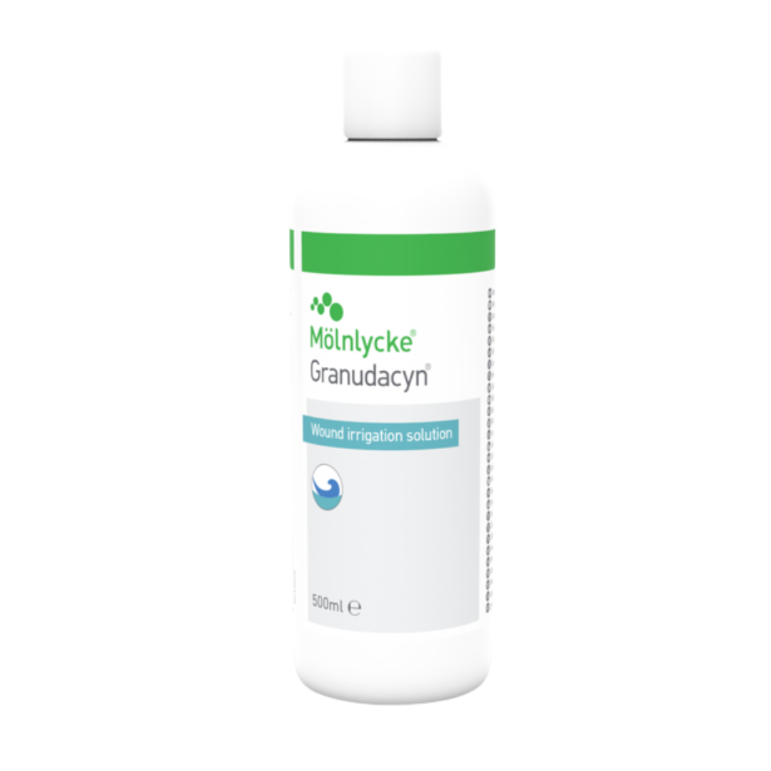 A white Mölnycke Granudacyn Wound Irrigation Solution 500ml bottle with a green and white label.